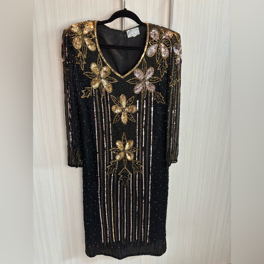 Style of Paris Vintage Black and Gold V-Neck beaded Embellished Cocktail Dress M